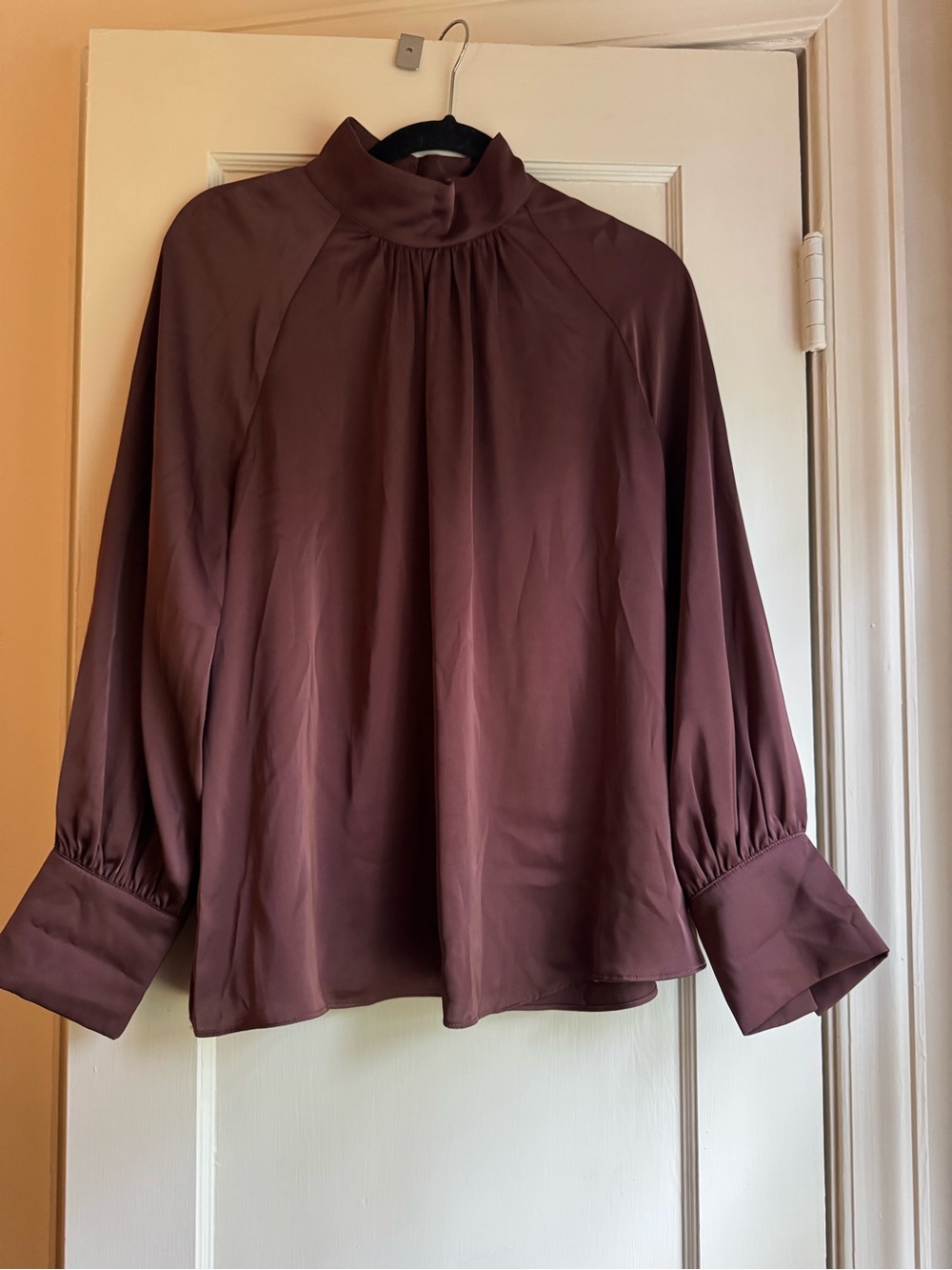 Mock Neck Long-Sleeve Blouse in Chocolate Brown